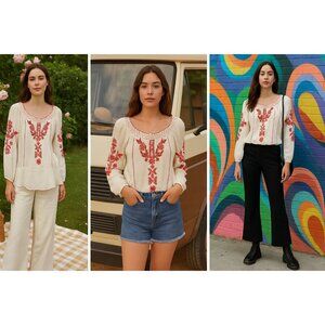 Free People Women’s Boho Embroidered Top Size L – Cottagecore, Tumblecore, Indie